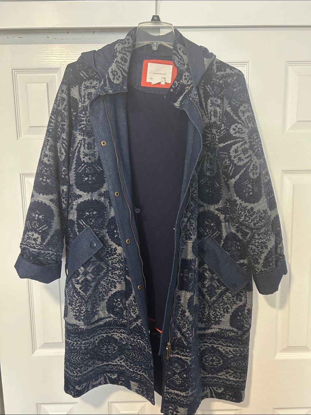 Anthropologie Navy and Gray Patterned Hooded Trench Coat